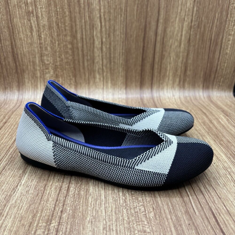 Rothys The Classic Flat Round Cap Toe Women’s 5.5 Black Cream Plaid Shoe Retired
